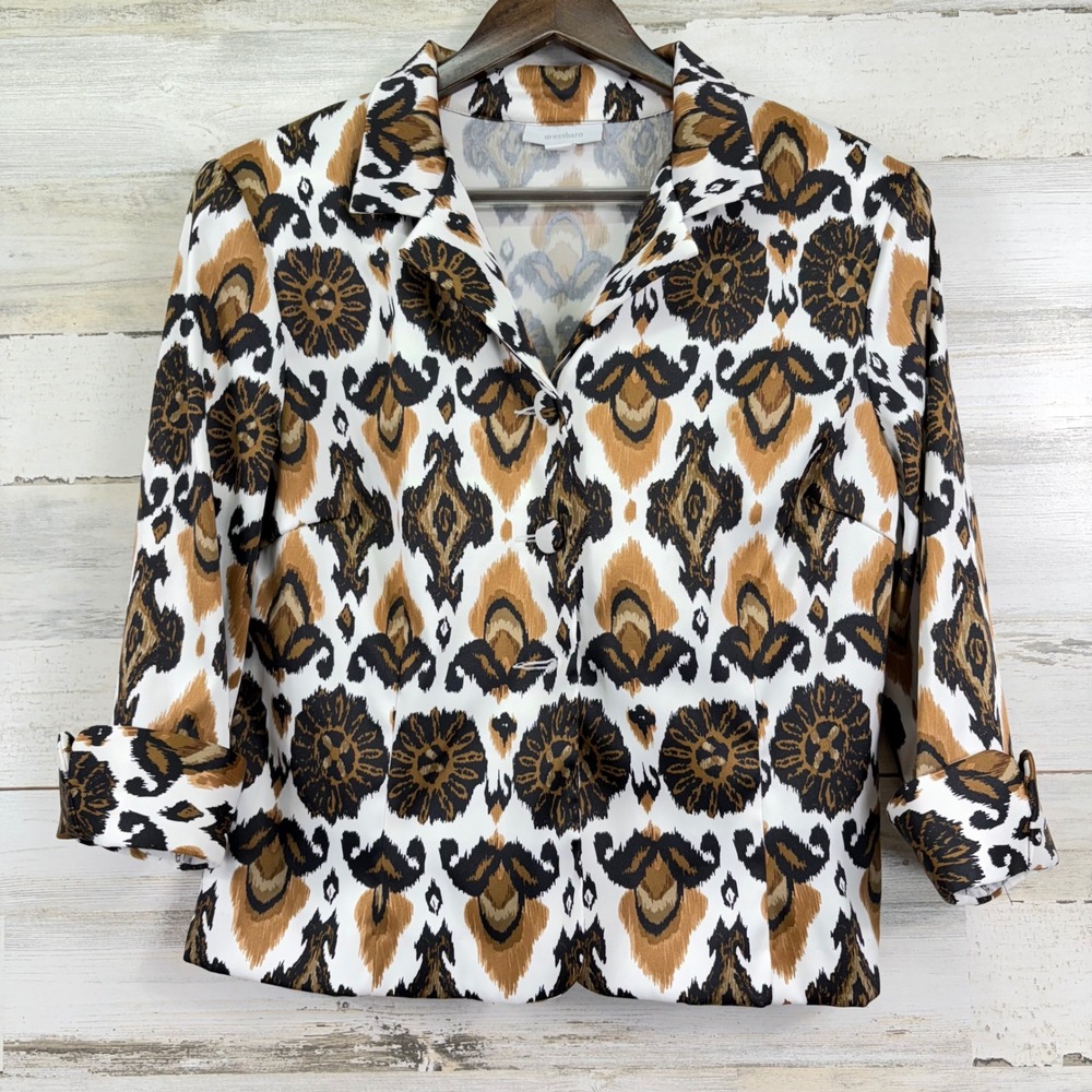 Dressbarn Satin White Brown Print Button Up Blouse Shirt Jacket Top 3/4 Slv Sz M